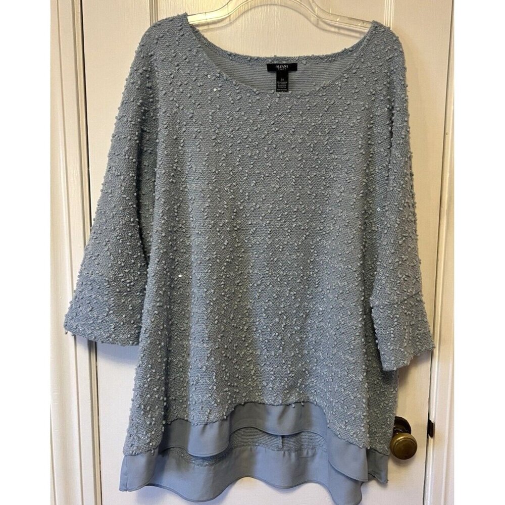 Alfani Women's Light Blue Textured Sparkle 3/4 Sleeve Sweater Top 2X Holidays